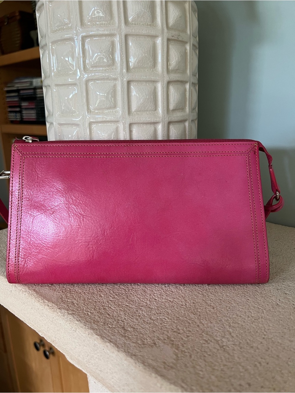 TUSK New York Vintage Vibrant Pink Genuine Leather Slim Crossbody Clutch Bag